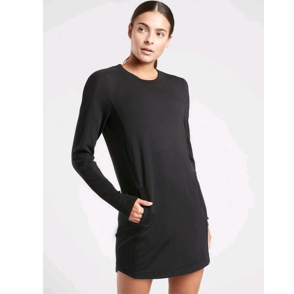 Athleta Balance Dress Black Long Sleeve Modal Blend Pockets S 599867-00